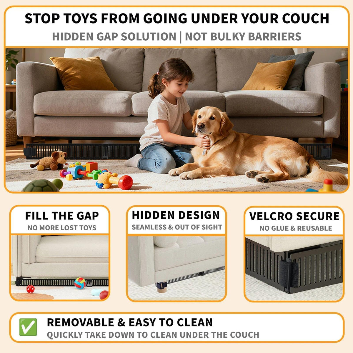 Artifino toy blocker uses hook-and-loop attachment for quick setup on sofa leg.