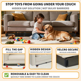 Artifino toy blocker uses hook-and-loop attachment for quick setup on sofa leg.