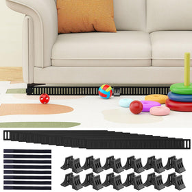Artifino under-couch toy blocker secured to a sofa leg prevents lost toys.