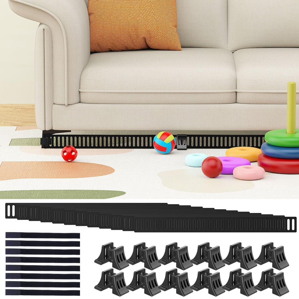Artifino under-couch toy blocker secured to a sofa leg prevents lost toys.