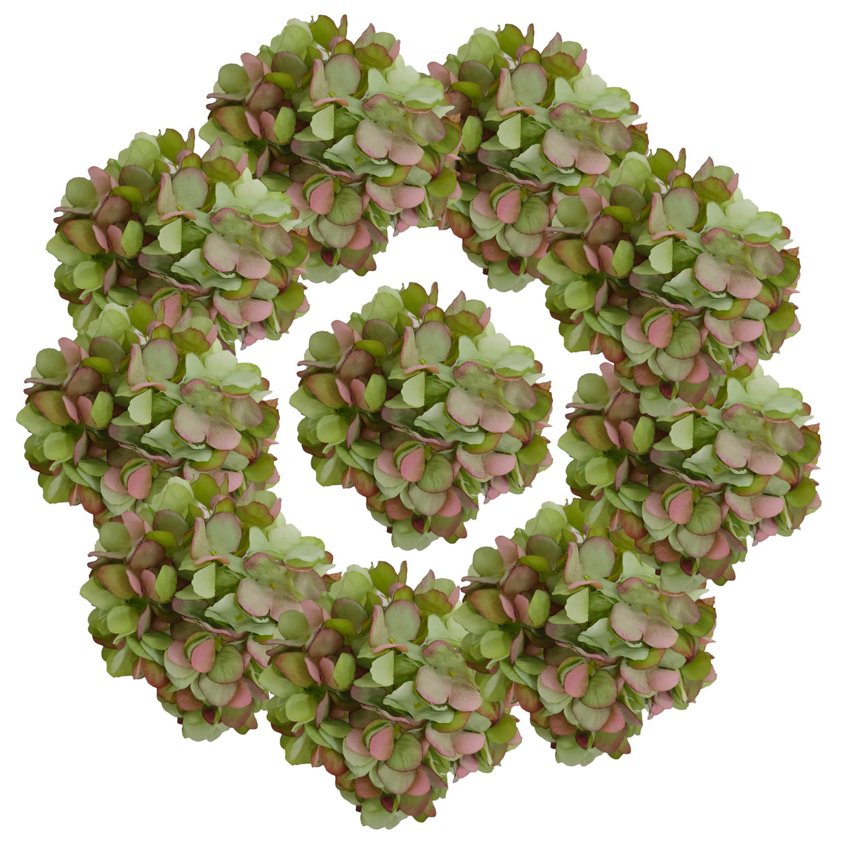 artifiplant green silk hydrangea head close-up with 81 petals for lifelike decor.