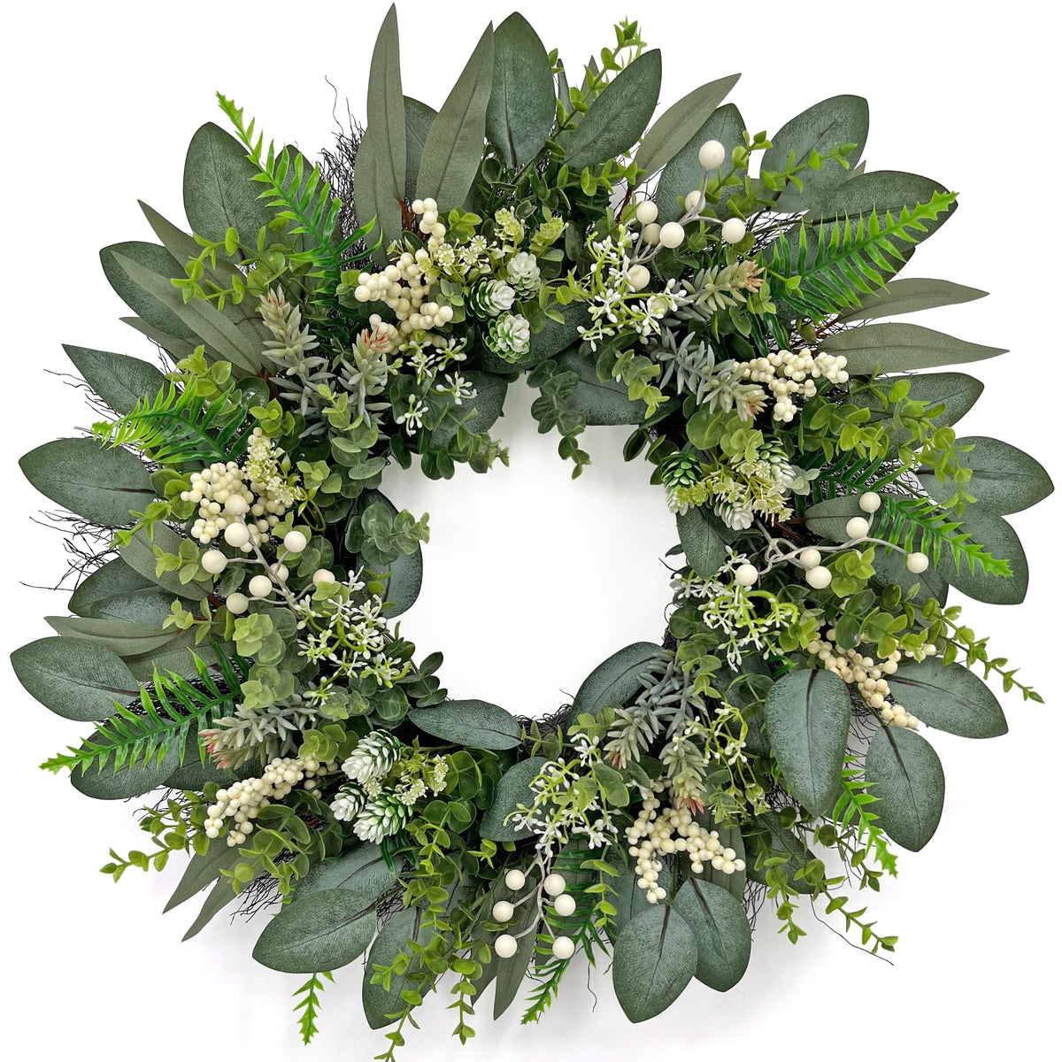 ARTINCRAFIO 24-inch greenery wreath on front door adds year-round curb appeal.