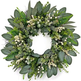 ARTINCRAFIO 24-inch greenery wreath on front door adds year-round curb appeal.