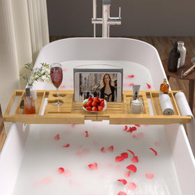 Artmalle bamboo bath tray closeup highlights natural wood finish and craftsmanship
