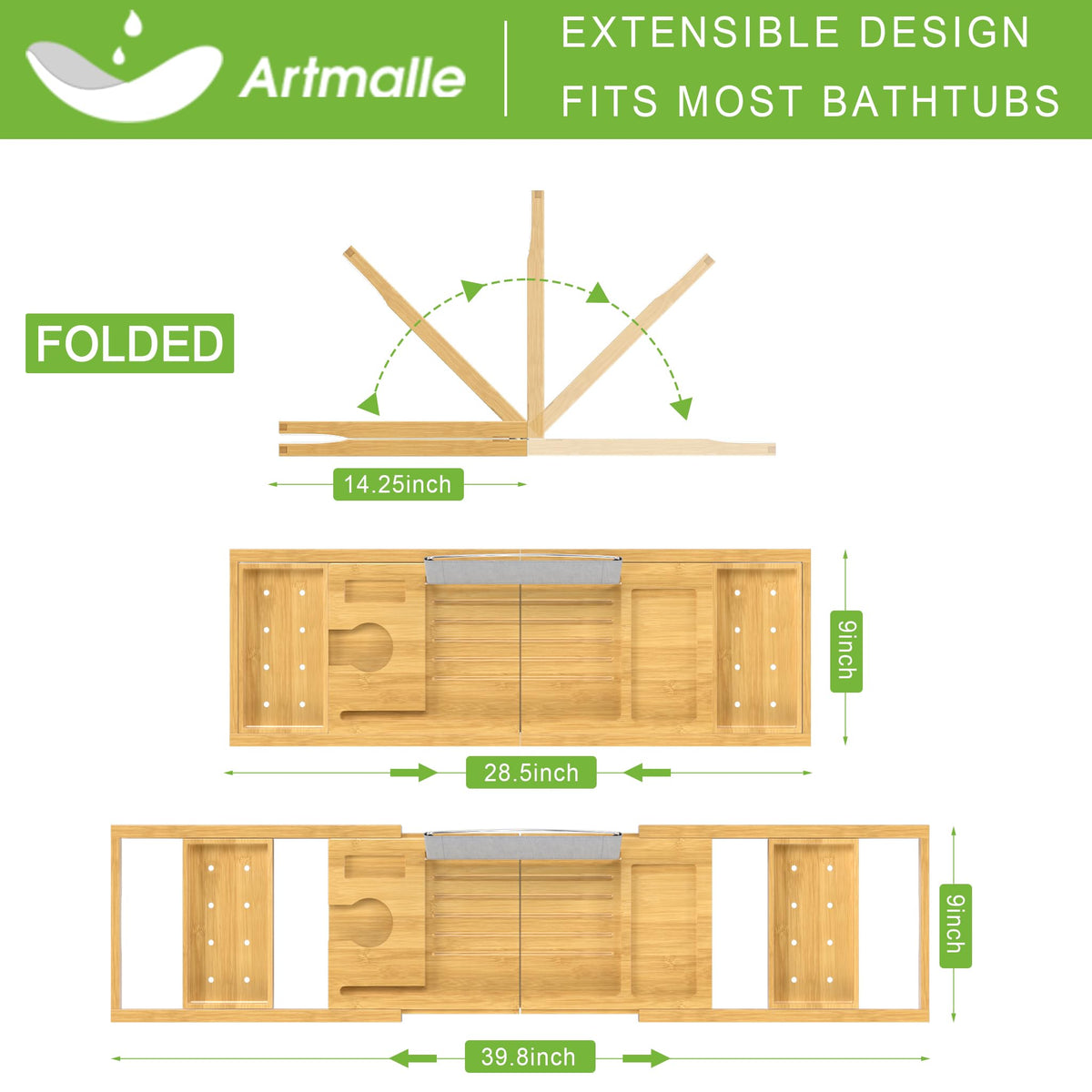 Artmalle bath tray folding design enables compact storage after use