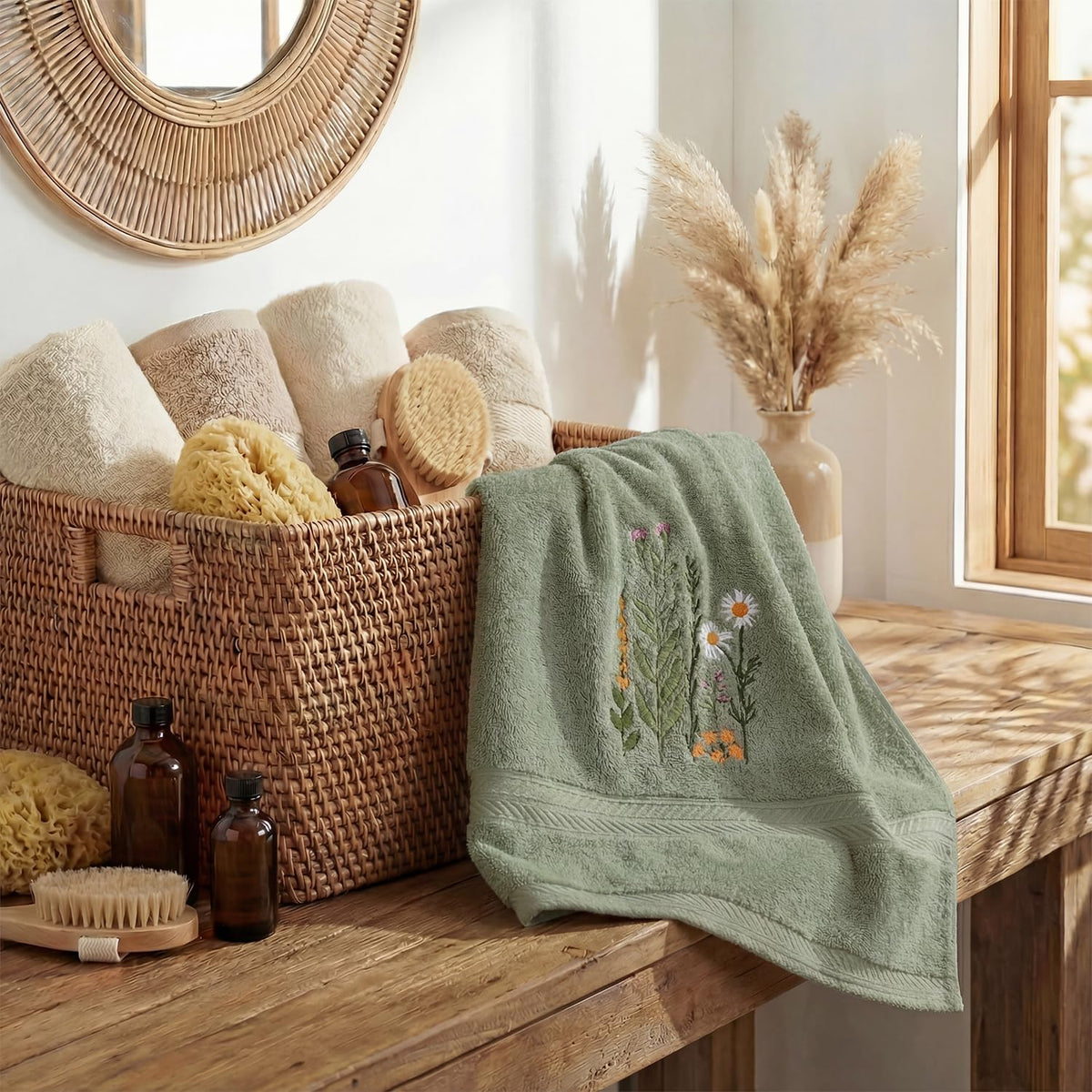 Sage green wildflower motif emphasizes durable, absorbent hand towels in everyday use.
