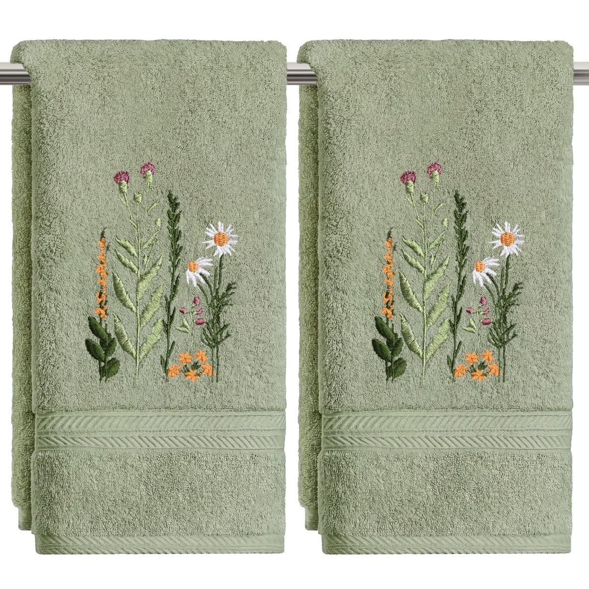 Artoid Mode sage green wildflower embroidered hand towel, front view, soft cotton for daily bathroom use.