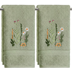 Artoid Mode sage green wildflower embroidered hand towel, front view, soft cotton for daily bathroom use.
