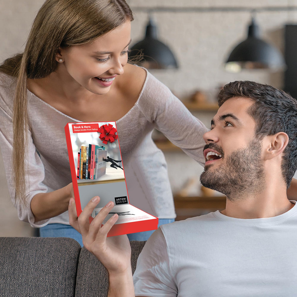 Artori Design display-ready Superman bookends on a shelf
