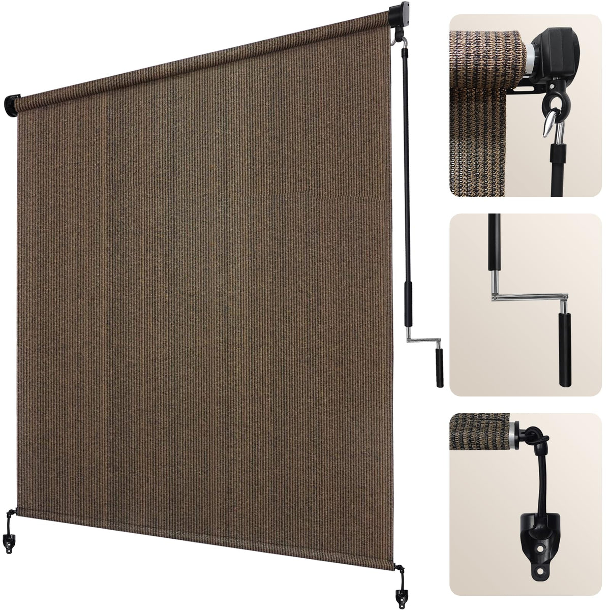 Artpuch outdoor roller shade in mocha over a sunny patio, cooling the space
