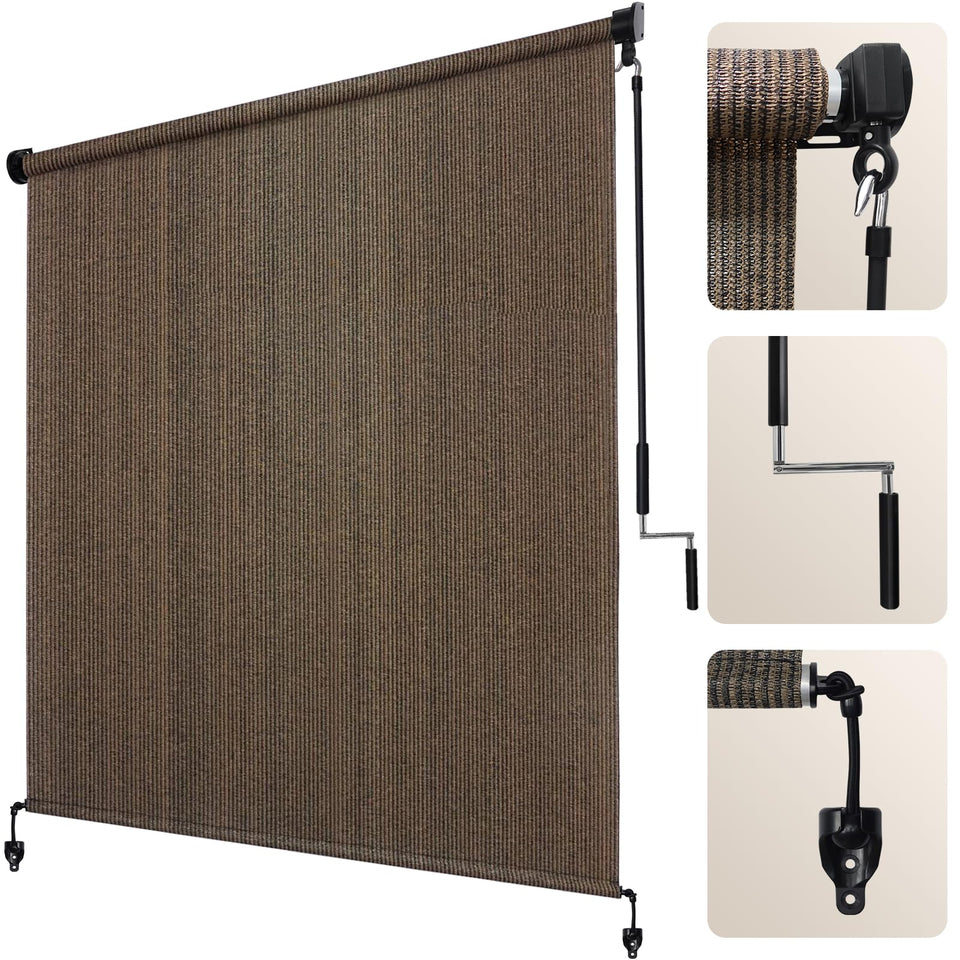 Artpuch outdoor roller shade in mocha over a sunny patio, cooling the space