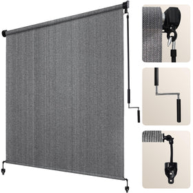 Artpuch outdoor roller shade front view shows gray fabric blocking sun for cooler patios