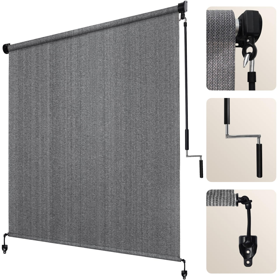 Artpuch outdoor roller shade front view shows gray fabric blocking sun for cooler patios