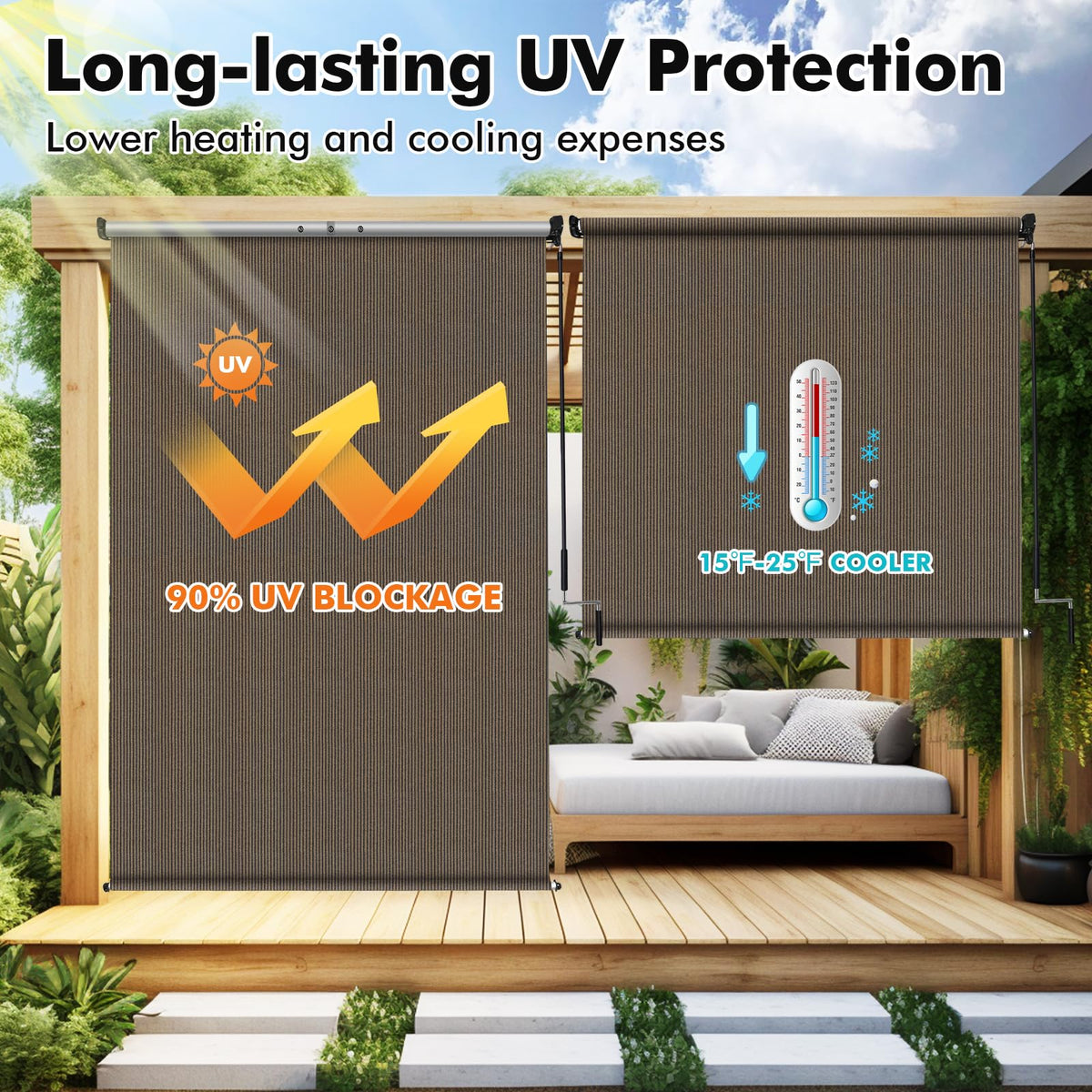 Artpuch cordless roller shade with smooth raise and lower on a porch