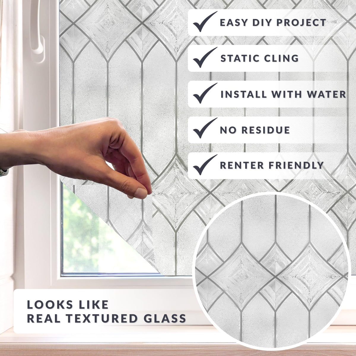 ARTSCAPE Regent privacy film showcases the leaded-glass look while softening external views.
