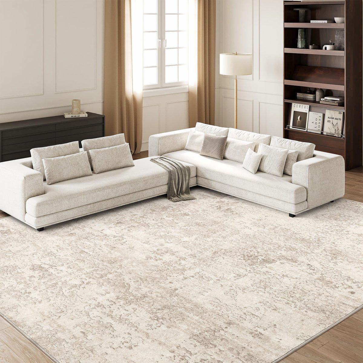 Art&Tuft washable rug beige abstract design, ideal for busy living rooms