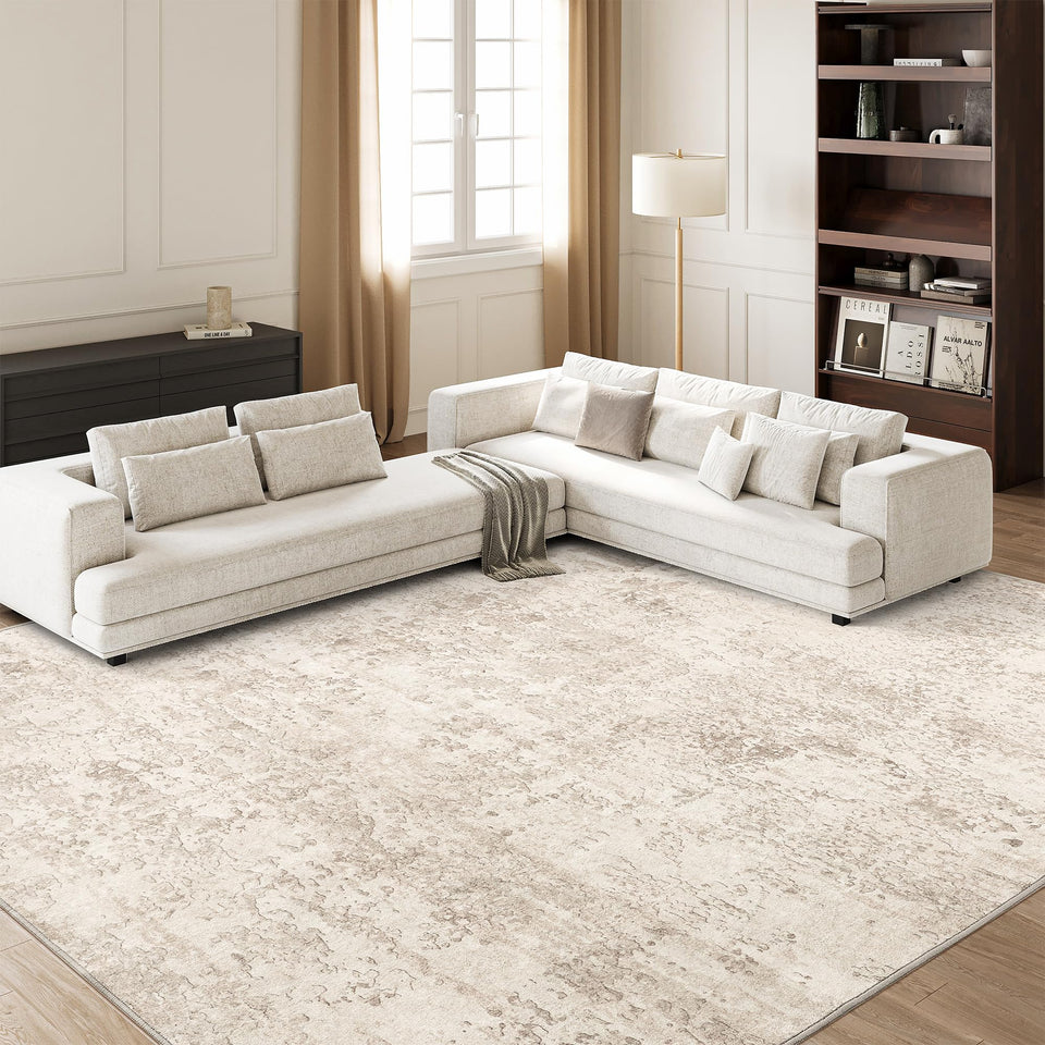 Art&Tuft washable rug beige abstract design, ideal for busy living rooms