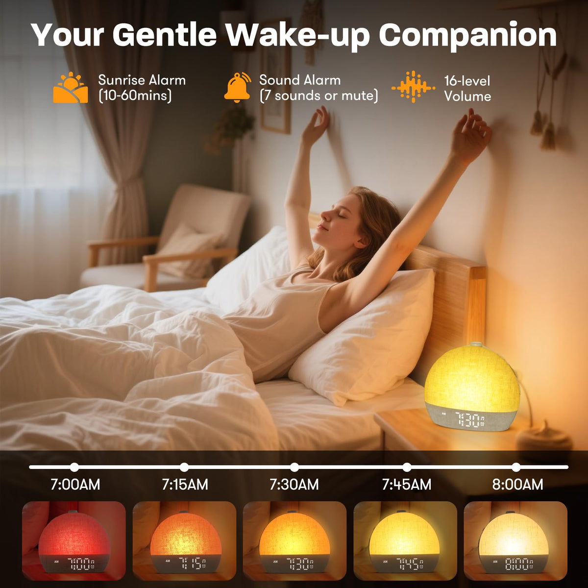 ARUQO Wake Up Light dimmable display for comfortable night viewing.