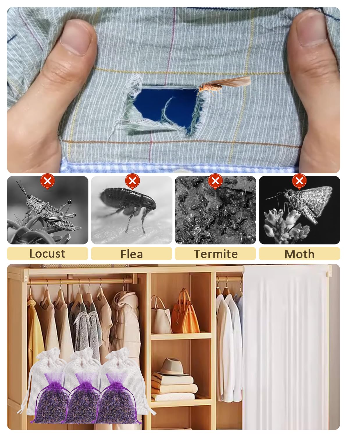 Aryiten cedar lavender sachets tucked in a closet for moisture control.