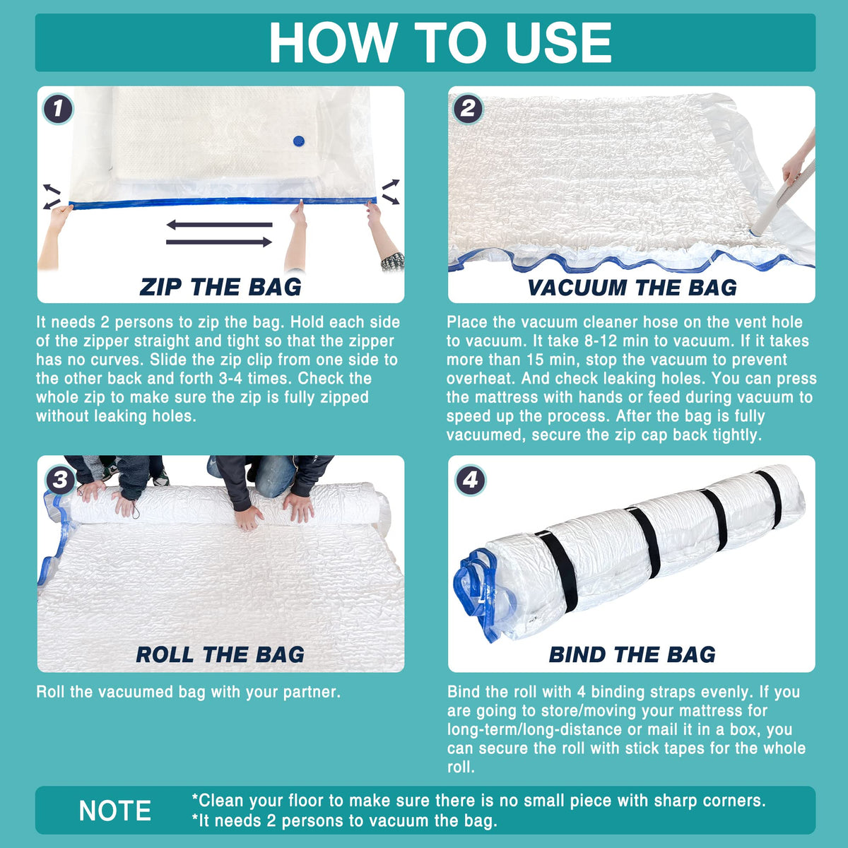 Asatdd queen-size bag detail shows 14-inch mattress compatibility for full-size beds