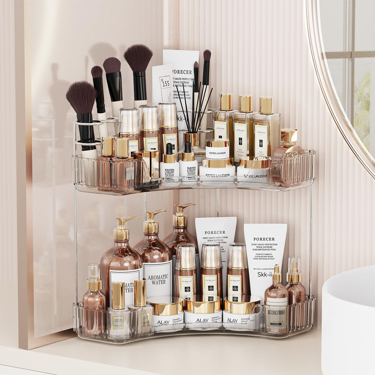 Asayuee 2-Tier Corner Organizer with top brush holders keeps vanity neat and accessible.