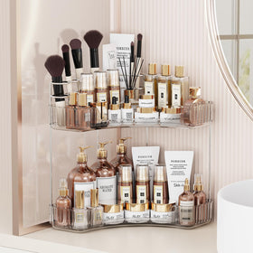 Asayuee 2-Tier Corner Organizer with top brush holders keeps vanity neat and accessible.