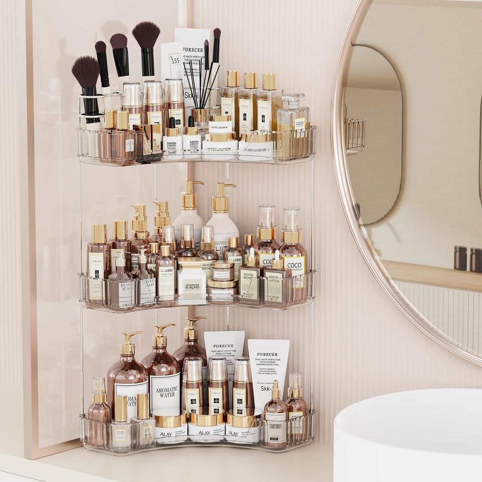 Asayuee 3-tier corner bathroom organizer with top brush holders keeps toothbrushes tidy.
