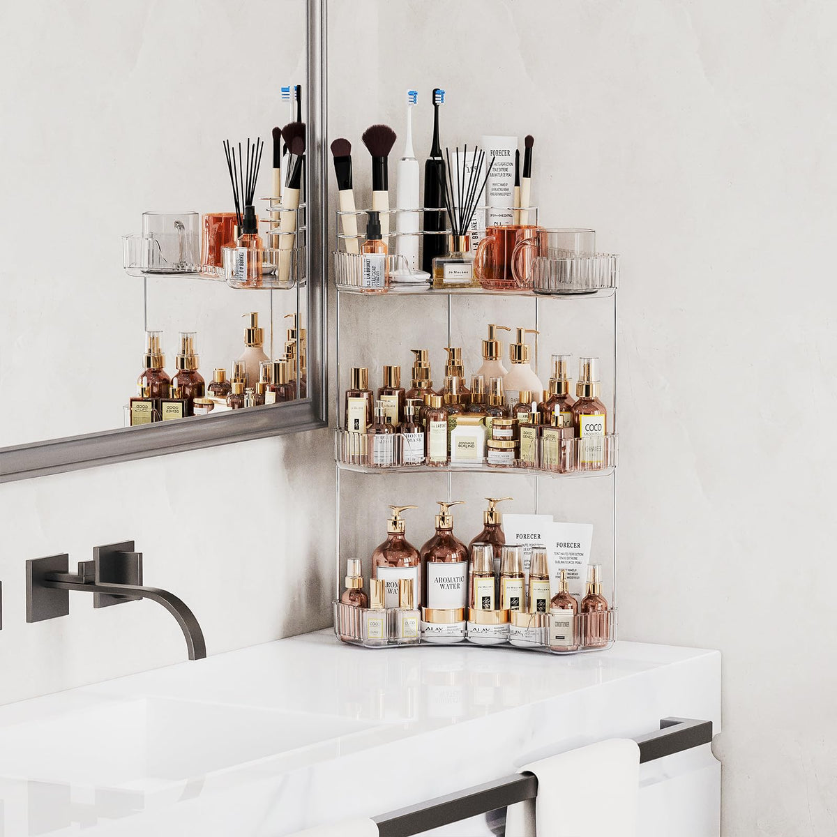 Asayuee 3-tier corner bathroom organizer top makeup brushes keep vanity tools ready.