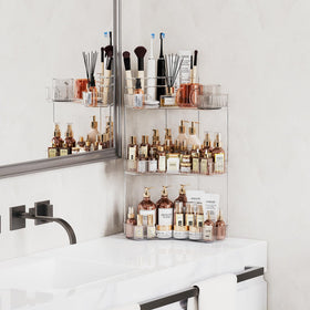 Asayuee 3-tier corner bathroom organizer top makeup brushes keep vanity tools ready.