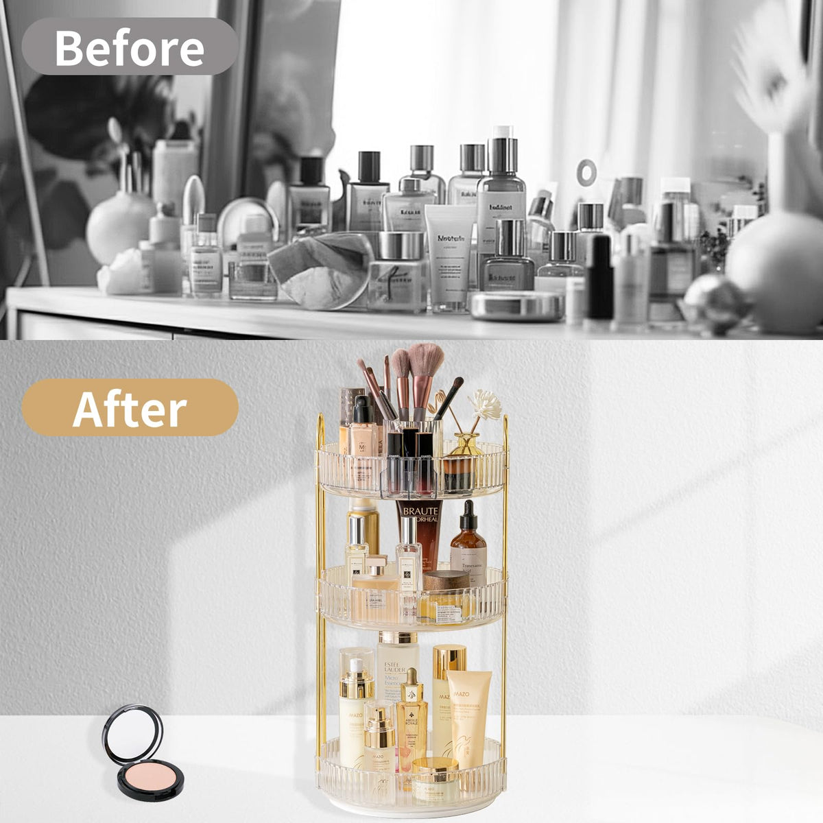 Asayuee 3-tier large-capacity makeup organizer stores cosmetics and fragrances.