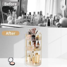Asayuee 3-tier large-capacity makeup organizer stores cosmetics and fragrances.