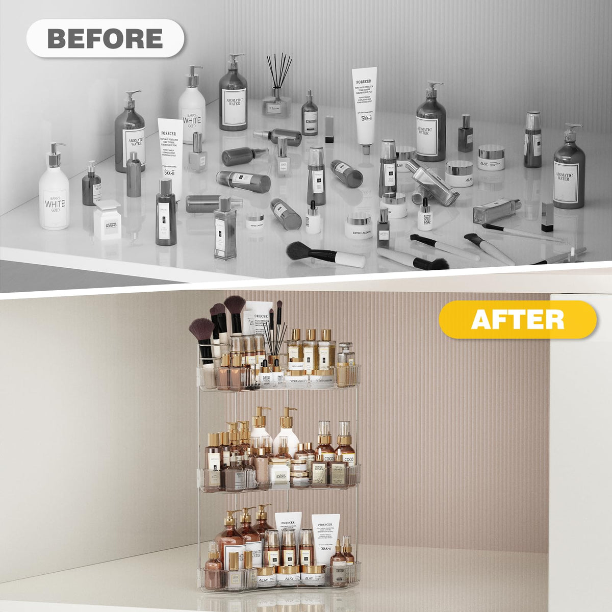Asayuee vanity organizer keeps skincare items within reach.
