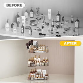 Asayuee vanity organizer keeps skincare items within reach.