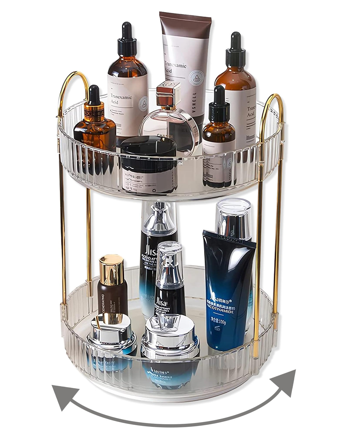 Asayuee 360° rotating makeup organizer with two tiers for quick access during daily routines.
