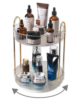 Asayuee 360° rotating makeup organizer with two tiers for quick access during daily routines.