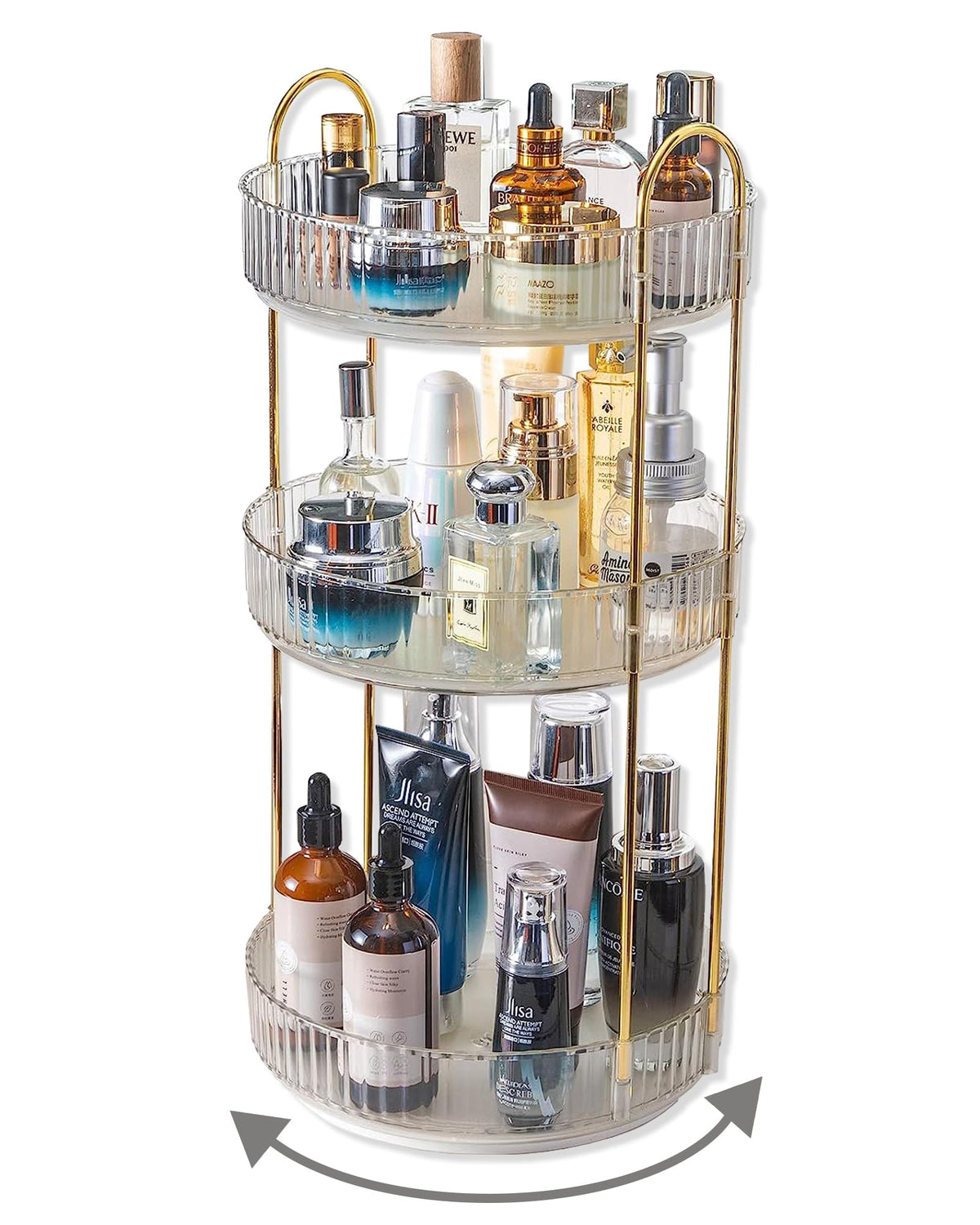 Asayuee 360° rotating organizer shows quick three-tier access to cosmetics.