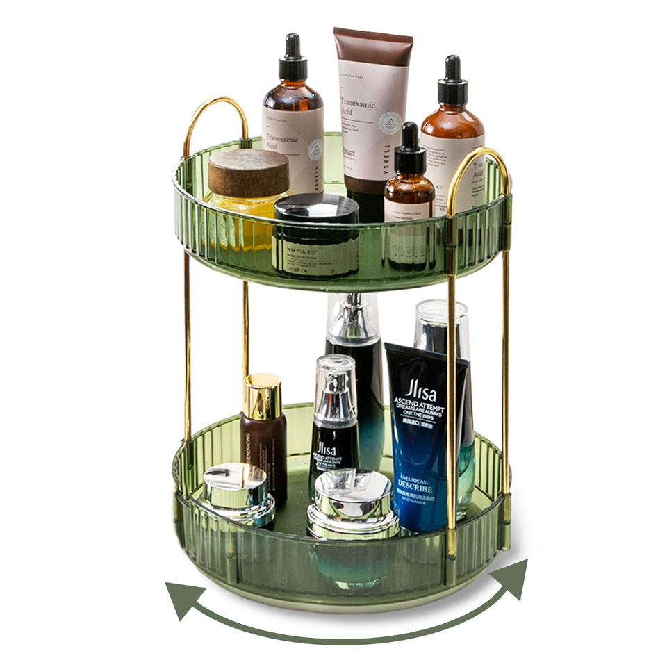 Asayuee 360° rotating makeup organizer on vanity with easy access to products.