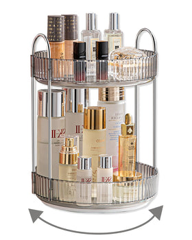 Asayuee 360° rotating makeup organizer on vanity for easy product access.