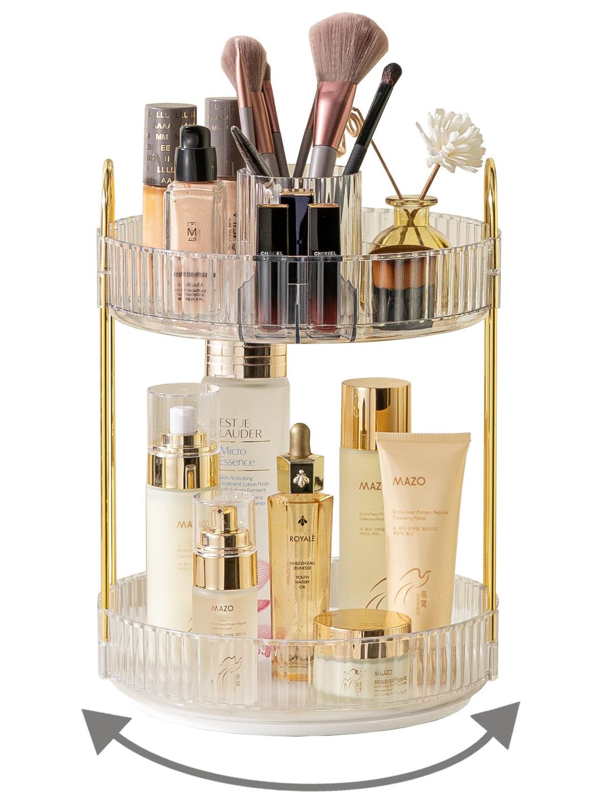 Asayuee 360° rotating makeup organizer with easy access to cosmetics.