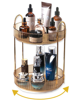 Asayuee 360° rotation gold makeup organizer shown on vanity for easy access