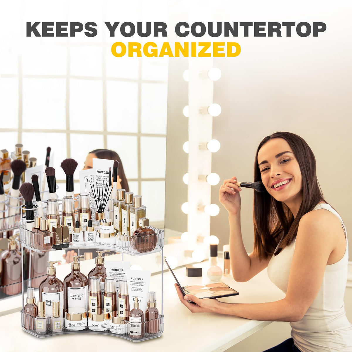 Asayuee clear two-tier organizer keeps everyday items visible and organized.
