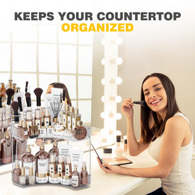 Asayuee clear two-tier organizer keeps everyday items visible and organized.