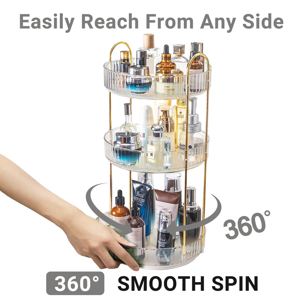 Asayuee clear 3-tier beauty organizer on vanity offers easy product visibility.