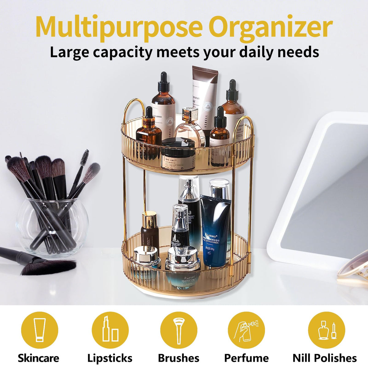 Asayuee organizer on a dresser top supporting skincare and makeup routine