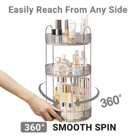 Asayuee grey 3-tier makeup stand with durable ABS trays.