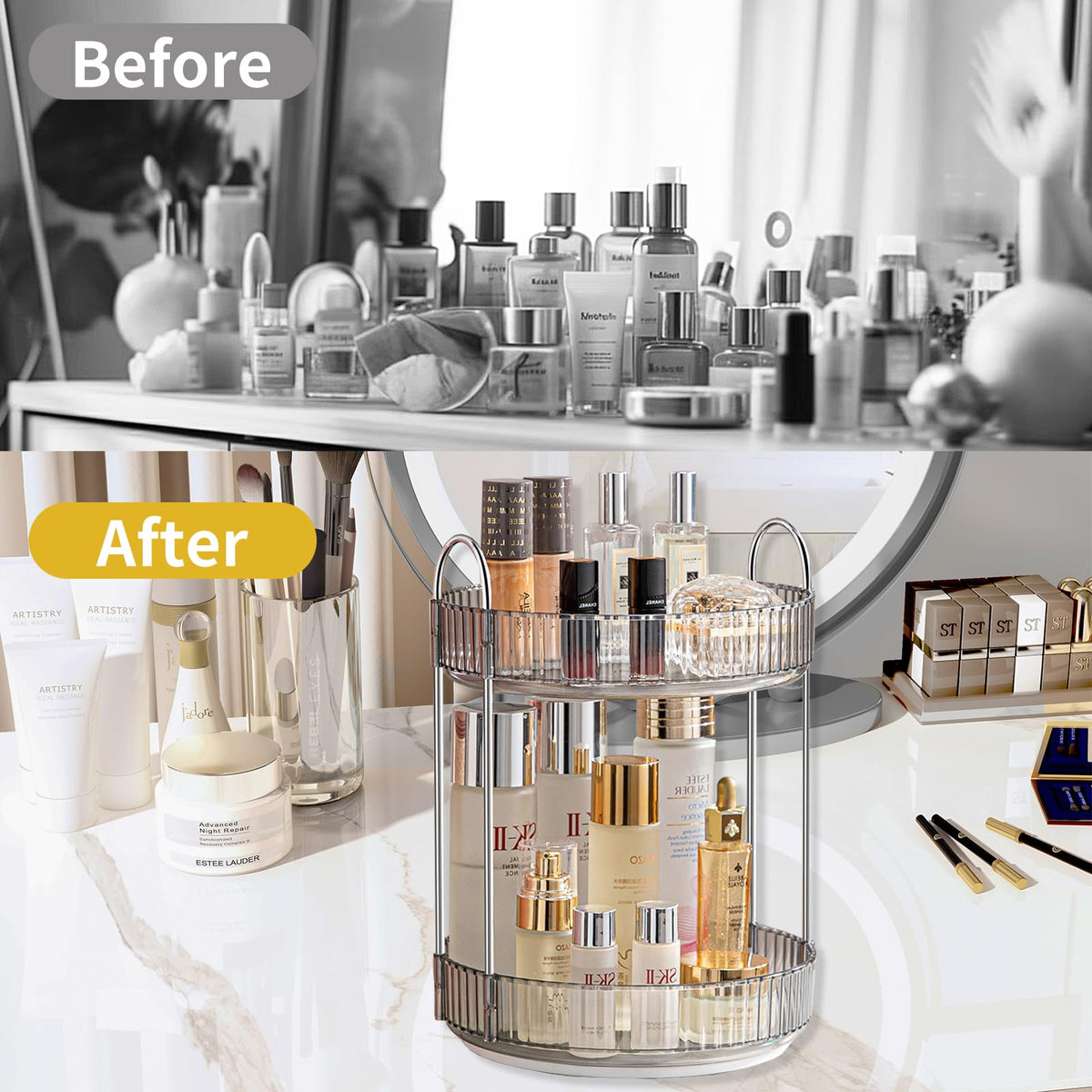 Asayuee large-capacity makeup organizer holds perfumes, nails, and cosmetics efficiently.
