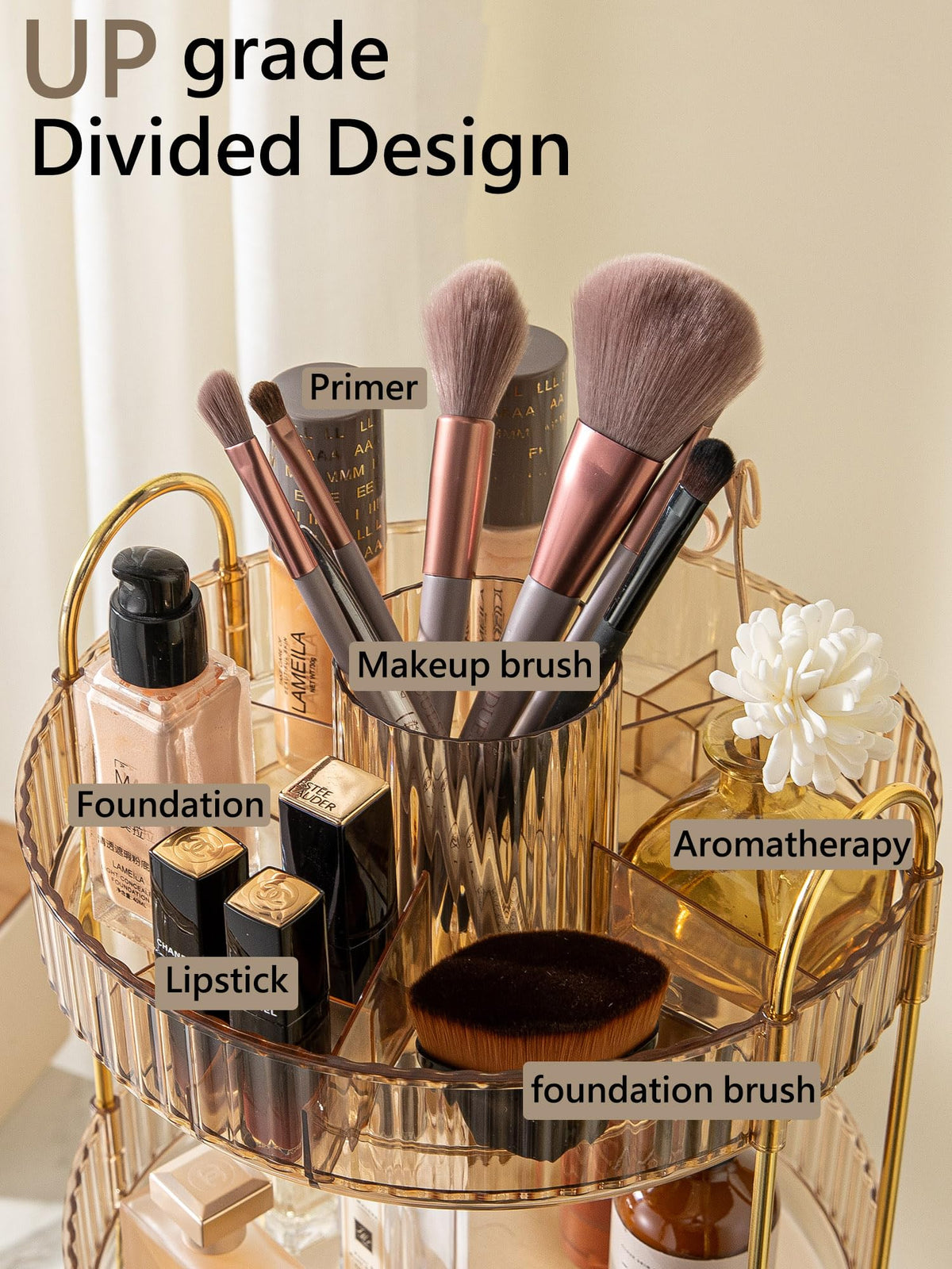 Asayuee two-layer vanity organizer with large capacity for makeup, skincare, and perfume