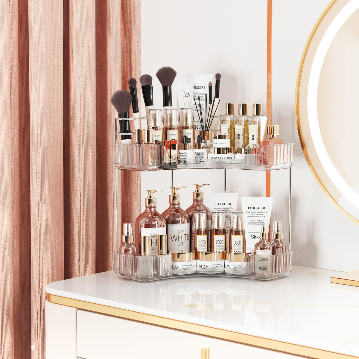 Asayuee makeup brush organizer tray helps maintain an orderly vanity.