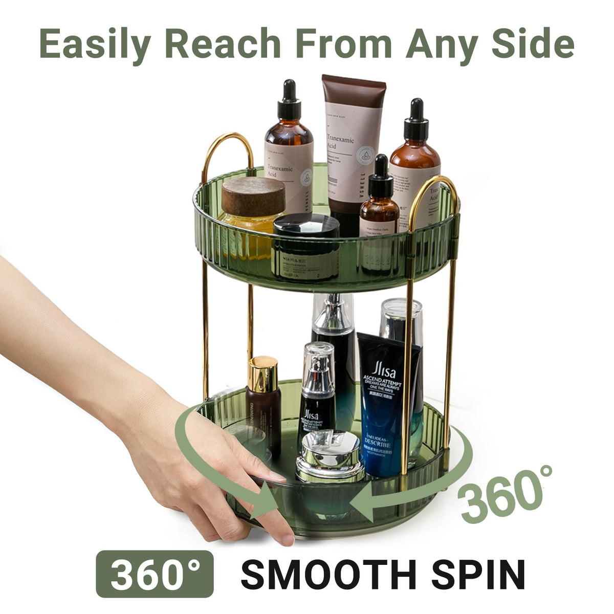 Asayuee premium ABS vanity organizer with green trays and durable design.