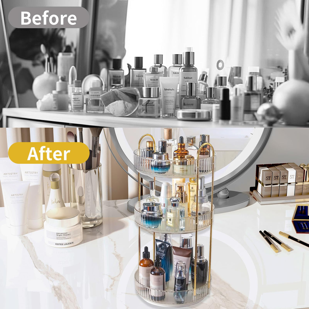 Asayuee premium ABS vanity organizer combines durability with stylish gold-tone sides.